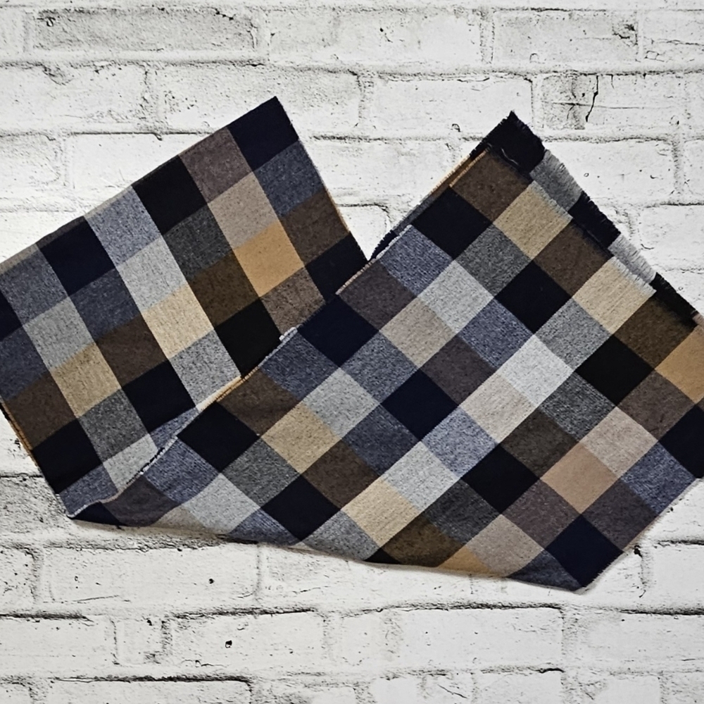 Indigo Neutral Plaid Scarf Tan Grey Black Checkered Soft Winter Wrap OS 17"x80"